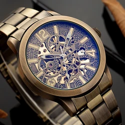 2022 New Hollow carved Men's Retro Bronze Automatic Watches Skeleton Brand Luxury relogio Stainless Steel Mechanical Wristwatch