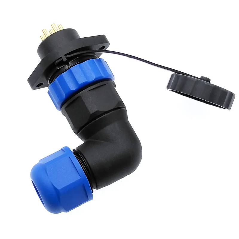 SP20 waterproof IP68 connector 2 hole flange socket angle connectors 2/3/4/5/6/7/8/9/12/14Pin 90 degree elbow