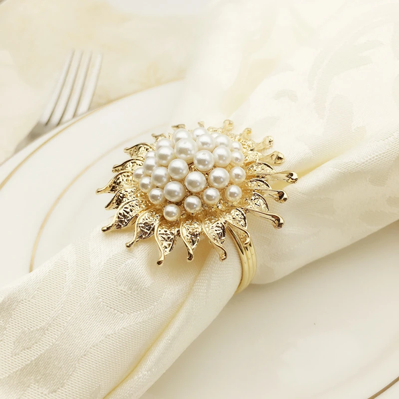 

SHSEJA-Gold-Plated Diamond Pearl Napkin Ring, Buckle, Desktop Decoration, Hotel and Restaurant, 4 PCs/Lot