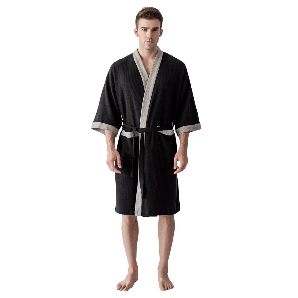 Men's  Cotton Waffle Hotel Bathrobe Spa Robe Water Absorbing Nightgown Japanese-style Kimono Shawl Collar  robe Night Gown