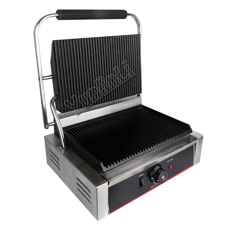 Commercial Electric Stripe Contact Grill Panini Press Plates Sandwich Press Plates Eelctric Steak Contact Grill  Single Stove