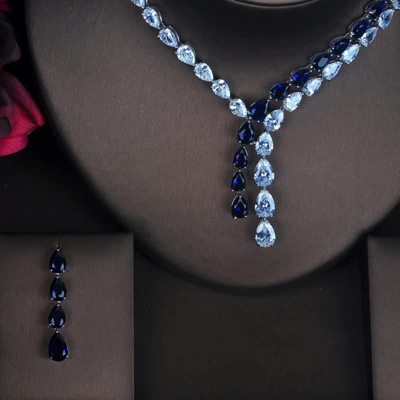 HIBRIDE Luxury Clear And Blue Water Drop Jewelry Sets For Women Necklace Set Wedding Dress Accessories Wholesale Price N-388