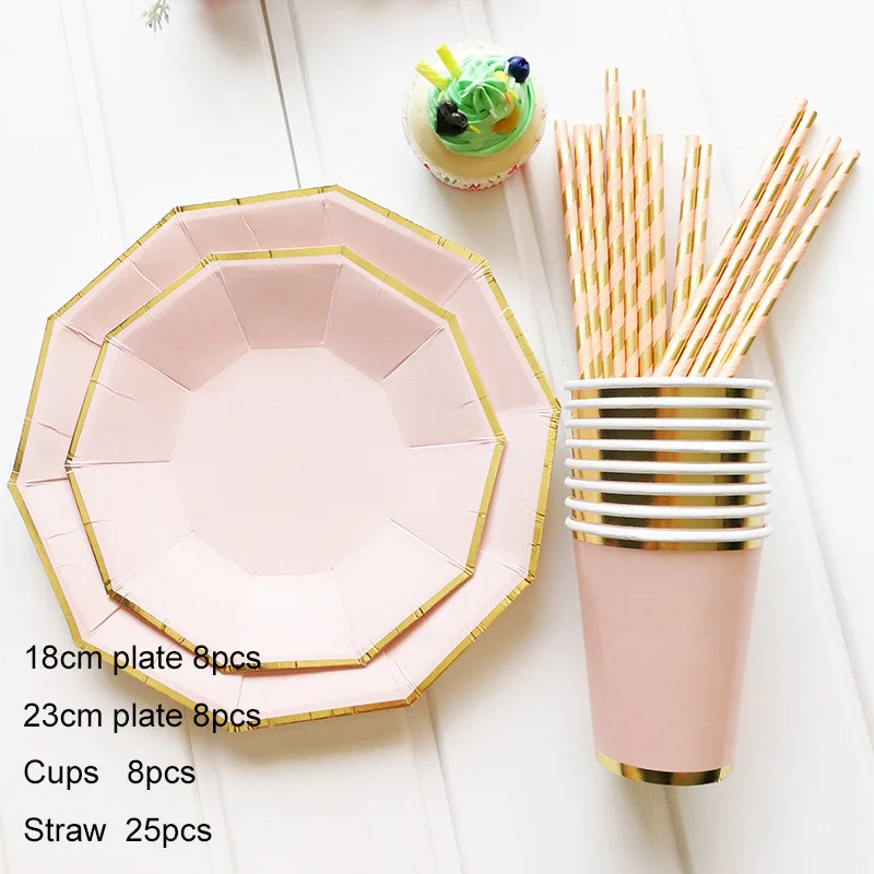 49pcs Rose gold Paper Plates Cups Straws For Wedding Happy Birthday Party Decoration Baby Shower Disposable Tableware Supplies