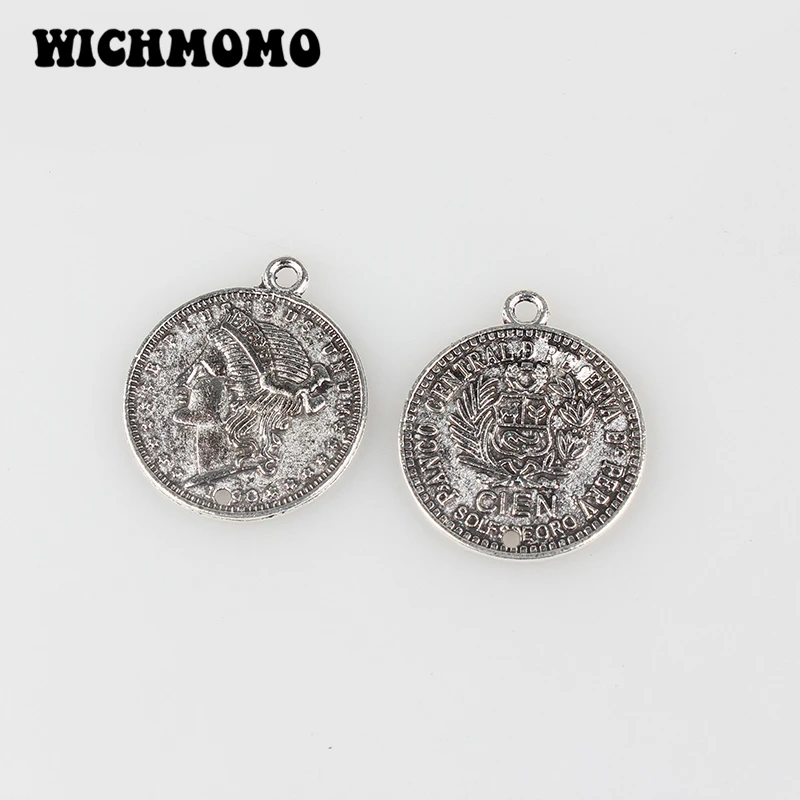 Fashion 10pieces 22MM Retro Verdigris Plated Zinc Alloy  Round Coin Charms Pendants Connector for DIY Jewelry Accessories