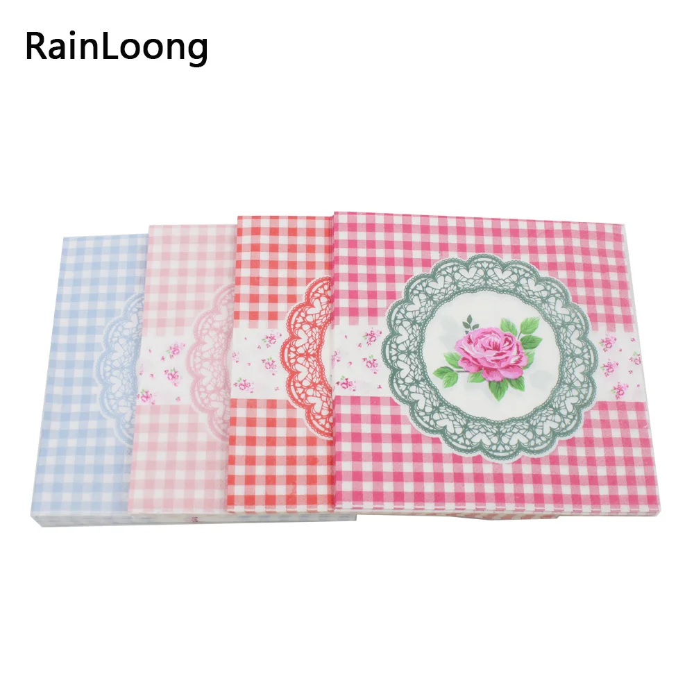 [RainLoong] Rose Check Lattice Paper Napkins Beverage Flower Party Tissue Cocktails Napkin Decoration Serviettes 33*33cm