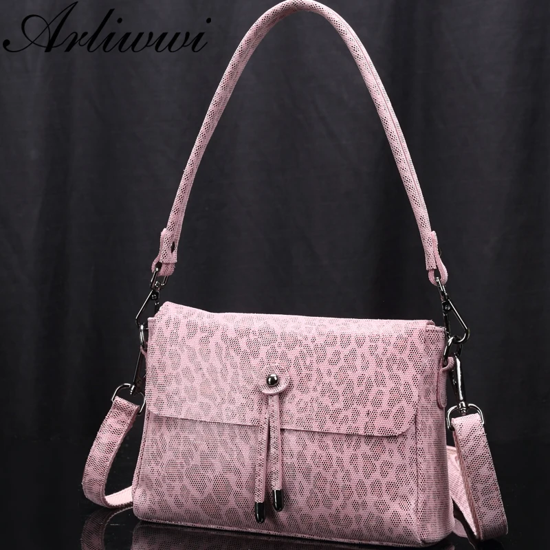 Arliwwi Brand Female Genuine Leather Shoulder Bag New Leopard Design Embossed Flap Small Messenger Handbags For Ladies