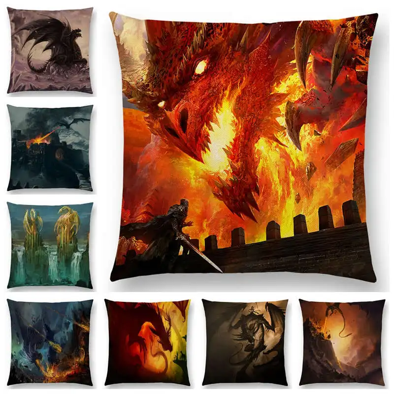 Newest Dragon Cushion Cover Destruction Fierce Battle Powerful Warrior War Fire Sky Ruined Castle Sofa Pillowcase