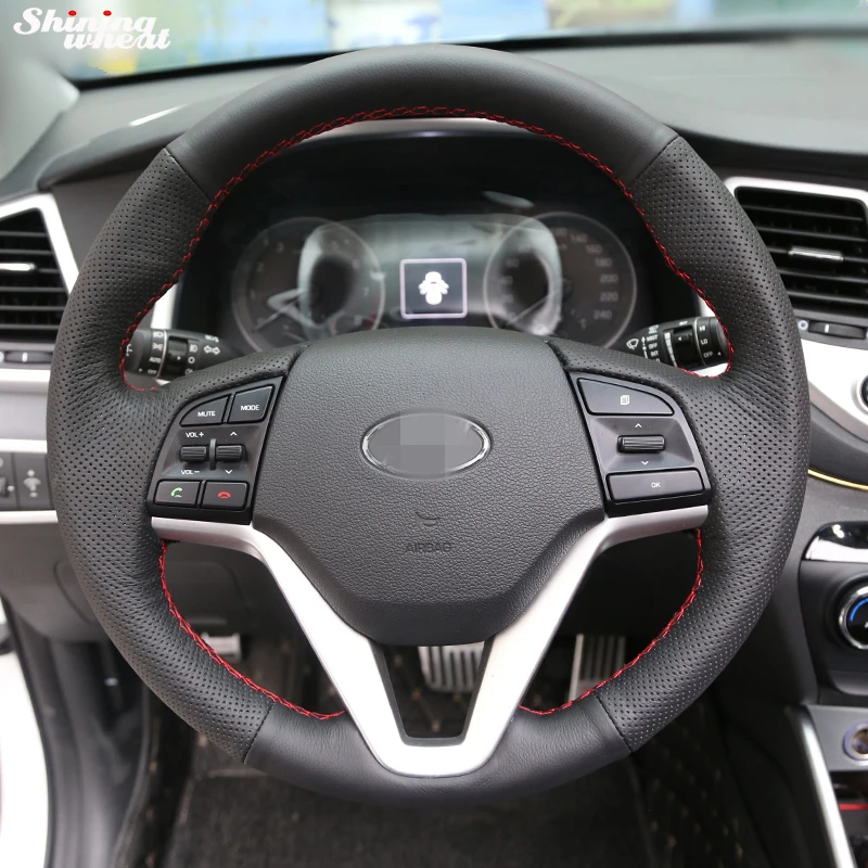 

Shining wheat Hand-stitched Black Leather Car Steering Wheel Cover for Hyundai Tucson 2015 2016