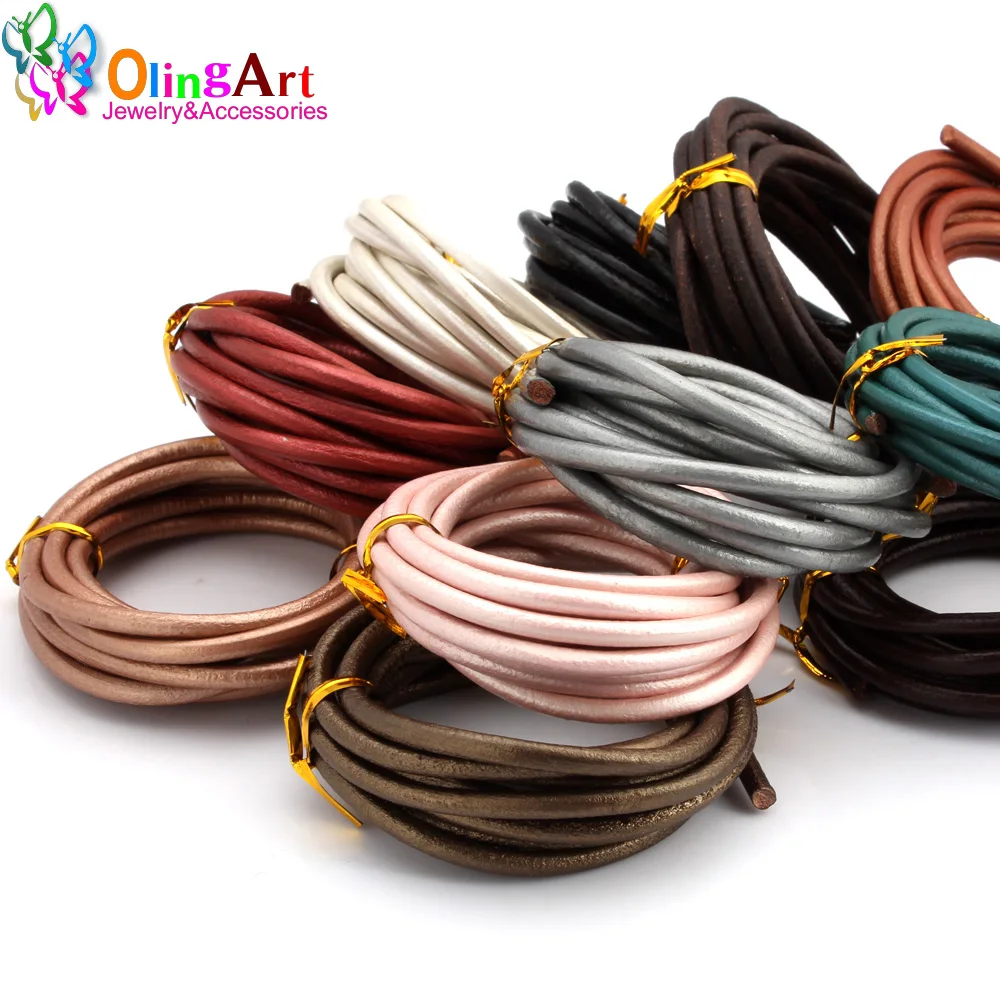 Olingart 4mm 2m redondo cabo de couro genuíno/fio marrom preto feminino brincos pulseira gargantilha diy colar fazer jóias