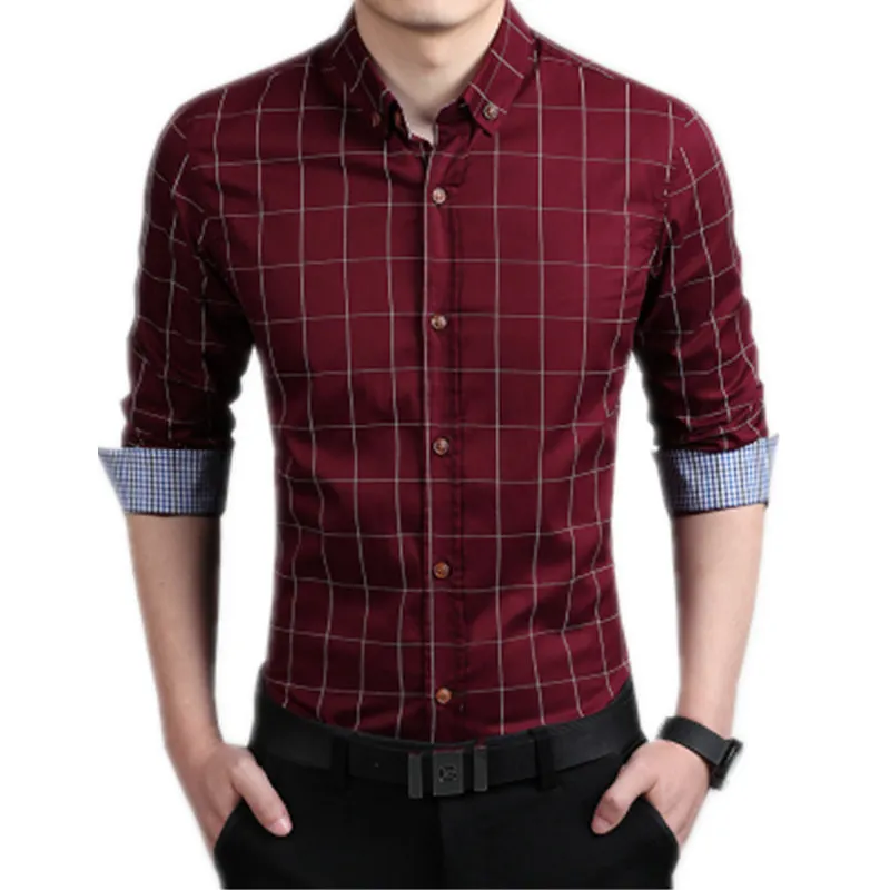 Camisa de algodão xadrez manga longa masculina, slim fit, casual, social, plus size, vermelho, primavera, outono, novo, M-5XL, 2023