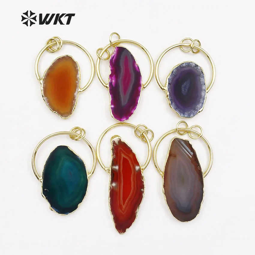 

WT-P1411 Classic Design Natural Slice Stone With Half Metal Ring Double Loops Pendant Mutli Colors Stone In Random Shape Jewelry