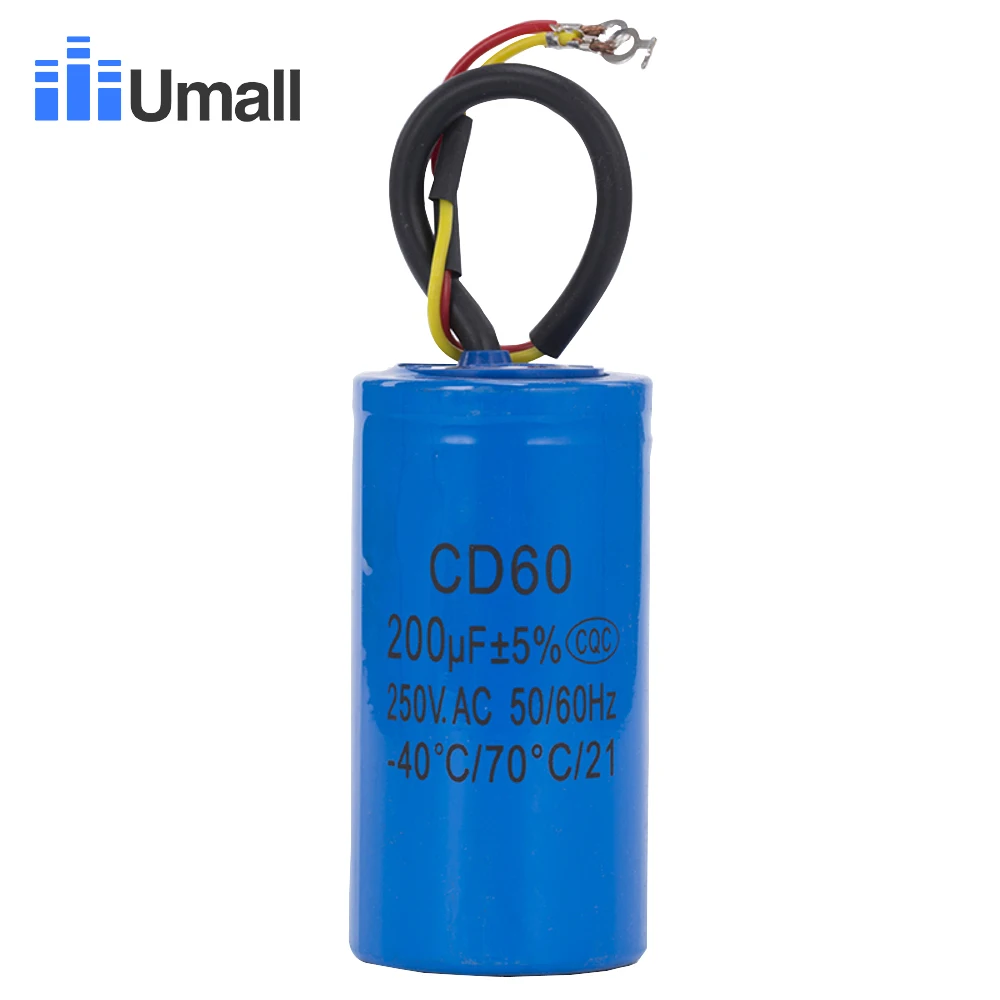 

CD60 200uF 250V AC Starting Capacitor For Heavy Duty Electric Motor Air Compressor Red Yellow Two Wires