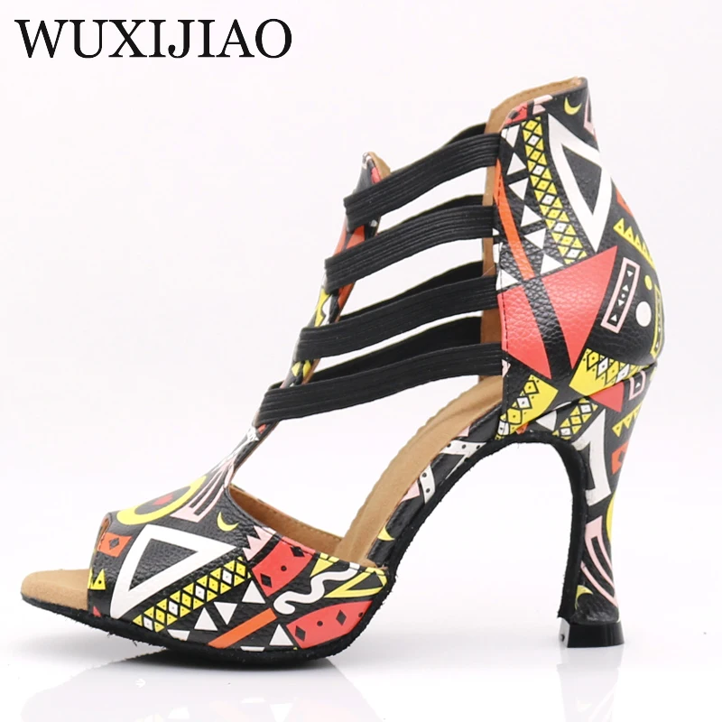 WUXIJIAO New Featured print Dance Shoes For Women Latin Salsa Dance Boots Paty Ballroom Dance Shoes Women Shoes 9CM KS-028