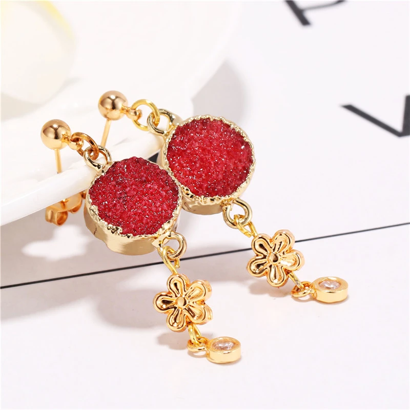 

Valentine Gift Women Fashion Jewelry Round Agates Druzy Dangle Earrings Flower Metal Golds Plated Drop Earrings Statement Bijoux