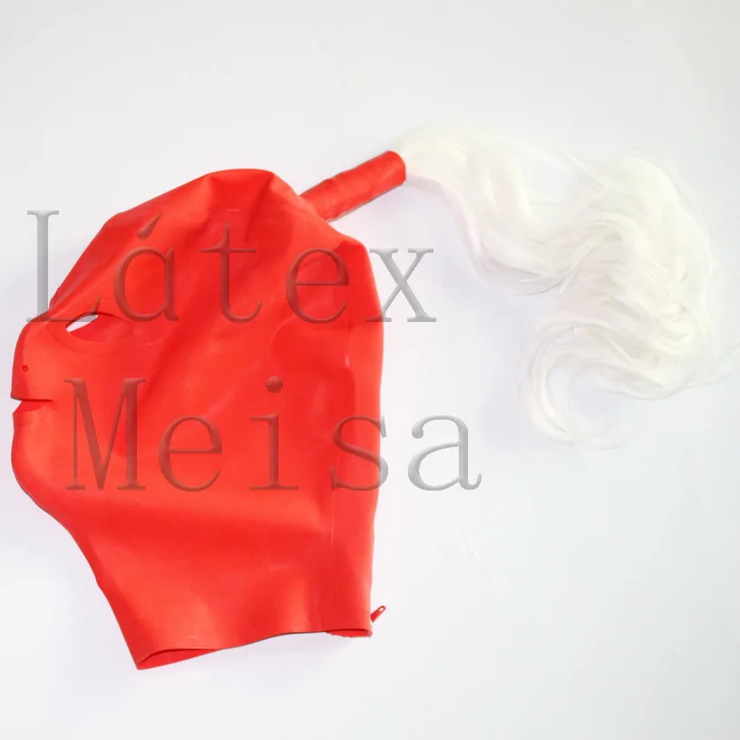 White wig hairs decoration latex hoods open eyes mouth and nostrils with back zip for women