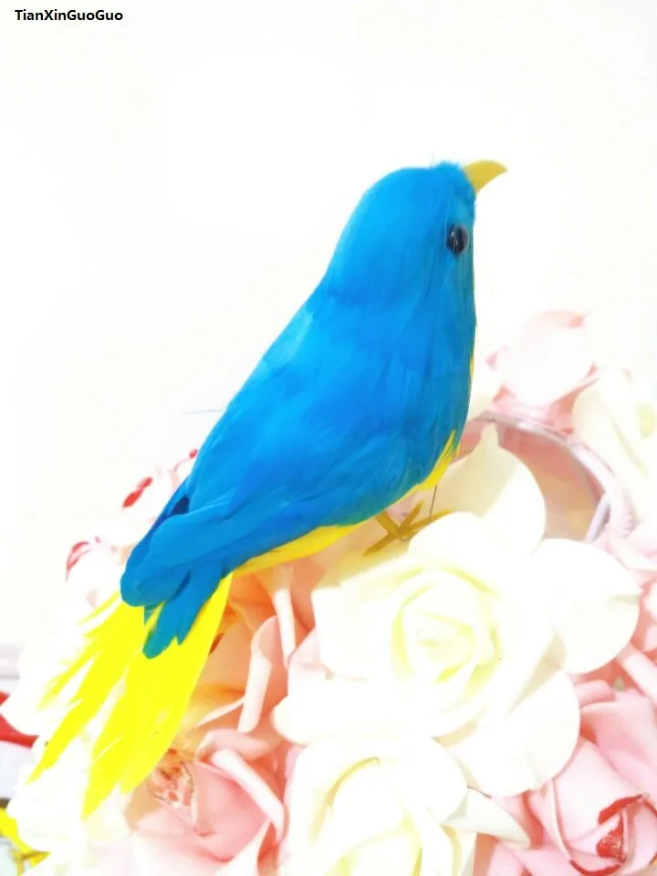 

about 18cm simulation bird hard model yellow&blue feathers bird prop,garden decoration gift s1416