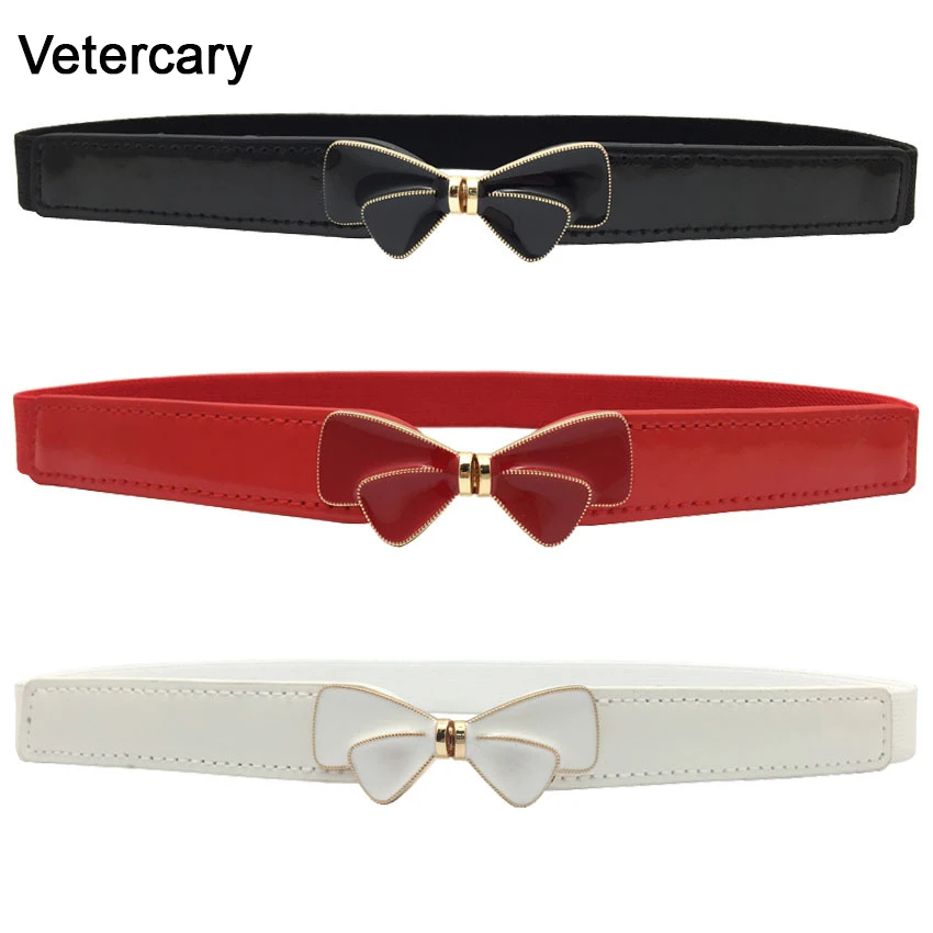 Women Black Leather Belt Lady Bowknot thin Waistband Elastic  Fashion white enamel Bow buckle Belt Dress Accessories Cummerbunds