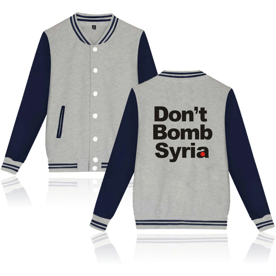 Latest Don't Bomb Syria Print Fashion Hip Hop Baseball Jacket Men Women Casual Long Sleeve Hoodies Jackets Sweatshirt Coats Tops