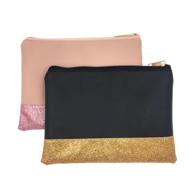 50Pcs/Lot High quality Glitter Cosmetic Bag Wholesale Blanks Shining PU Clutch 2 Colors  Makeup Bag 20cmx14cm