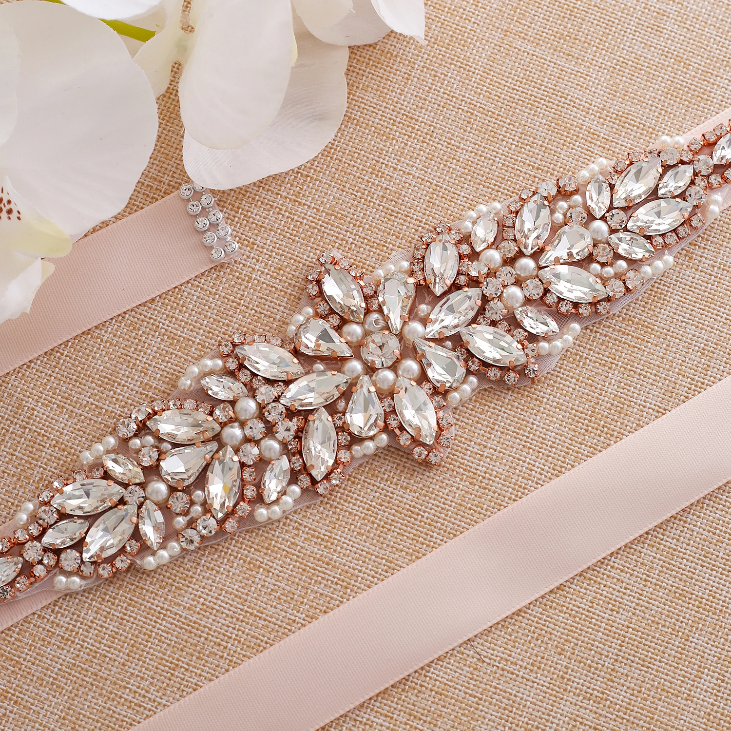 SESTHFAR Rhinestones Bridal Belt Handmade Pearls Belt Rose Gold Rhinestones Wedding Belt For Wedding Dress