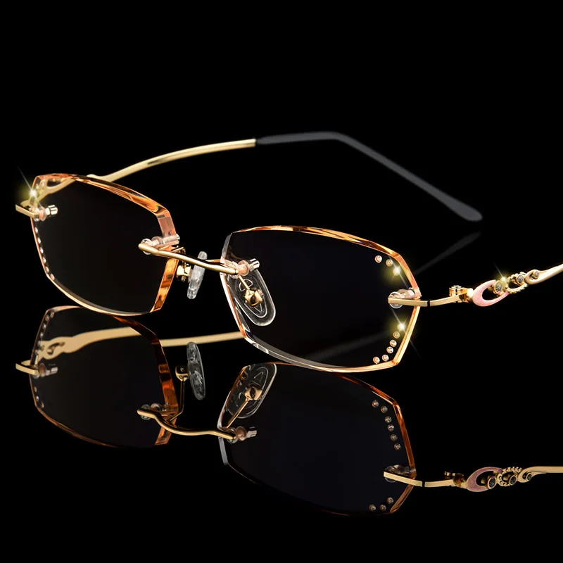 Luxury Rhinestone Reading Glasses Women Diamond Cutting Rimless Glasses High Clear Women\'s Golden Readers Presbyopic Eye Glasses