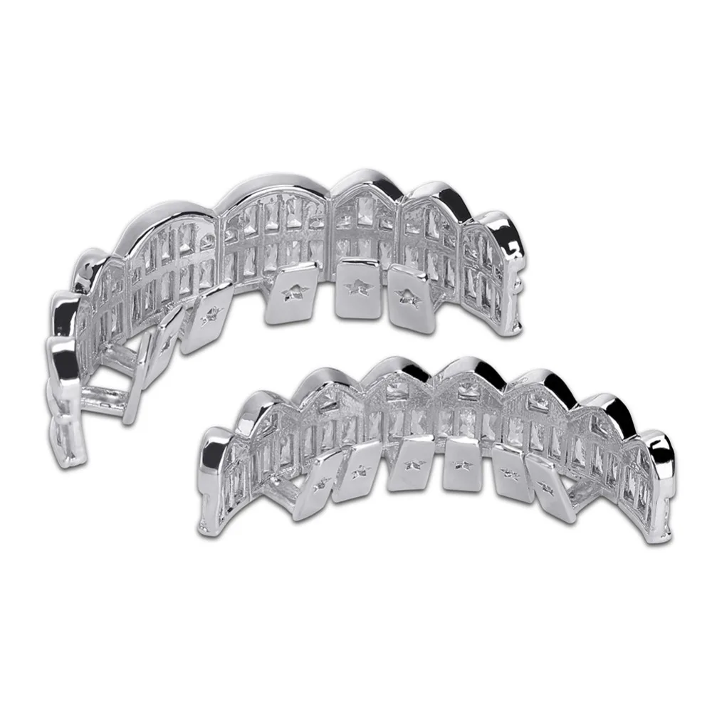 JINAO New Plated HIP HOP Teeth Grillz Top & Bottom Grills Set With silicone Real Shiny  Grill Sets Bling AAA Cubic Zircon