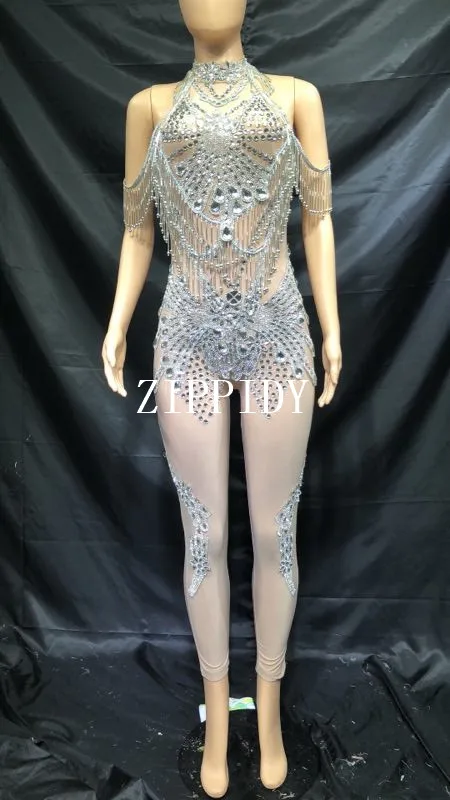 Sexy  Big Crystal  Stretch Bodysuit  Women Singer Dancer Glass Stones  Jumpsuit Costume Outfit Party Nightclub Wear