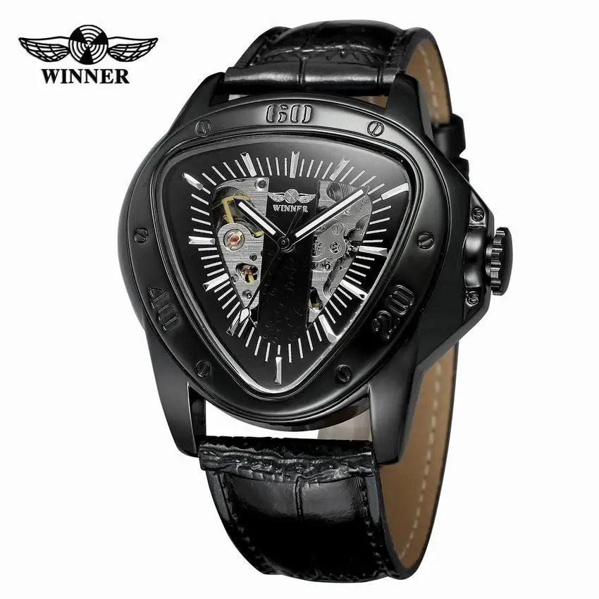 WINNER Automatic Mechanical Men Watch Racing Sports Design Triangle Skeleton Wristwatch Top Brand Luxury Golden Black Leather