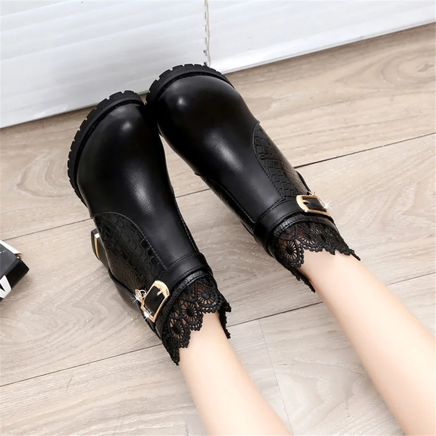 2024 Round Toe Women Fashion Crystal Belt Buckle Boots 6CM Square High Heels Shoes Sexy Leopard Lace Ankle Boots Woman Red Black