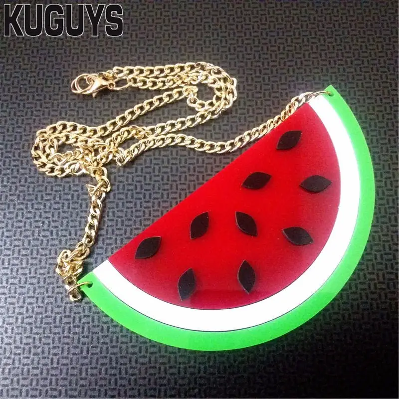 KUGUYS Summer Watermelon Pendant Necklaces for Women Fashion Gold Colour Link Chain Trendy Acrylic Jewelry