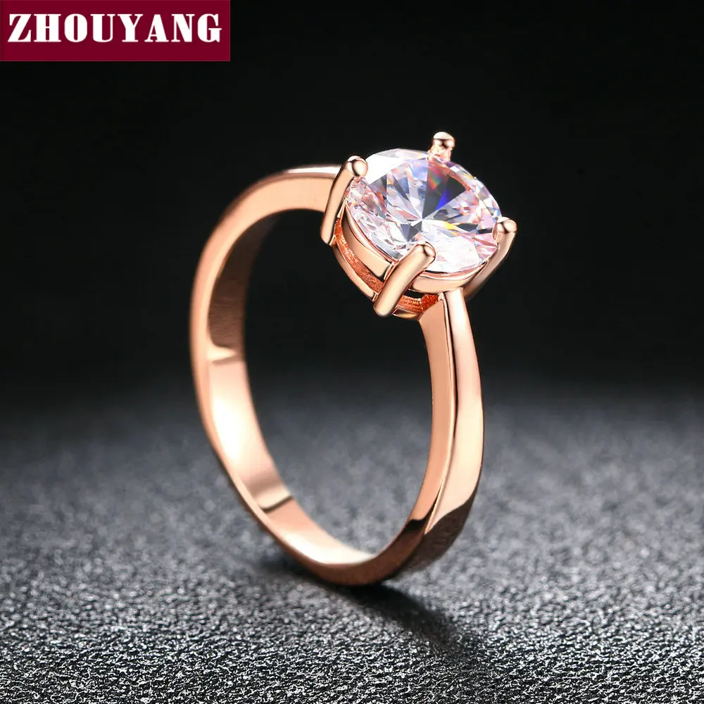 ZHOUYANG Wedding For Women Four Claw 8mm Cubic Zirconia Engagement Rose Gold Color Flashion Jewelry Girl Friend Gift R333 R335