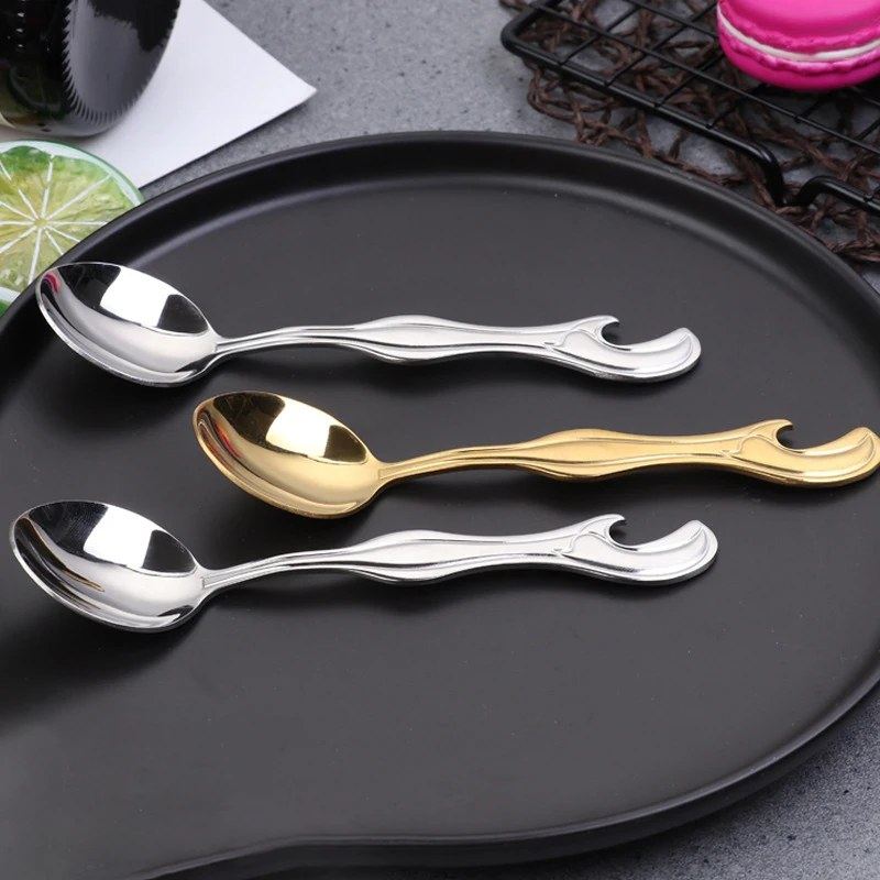 Stainless Steel Scoop Coffee Spoon Bottle Opener Spoon Serving Ladle Creative Gold Silver Scoop Vintage Kitchen Accessories 6pcs