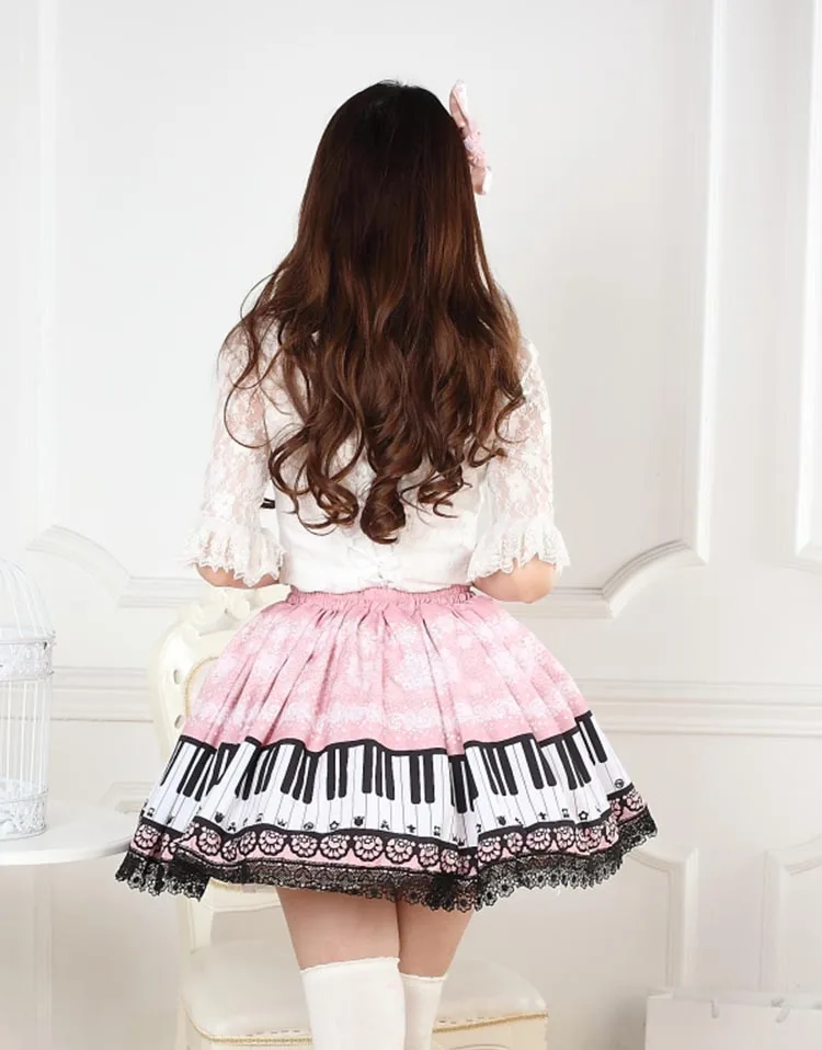 Harpsichord Piano Keyboard Printed Skirts Women Pink Lolita Princess Pleated Lace Sweet A-Line Super Cute Lady Fashion Skirt