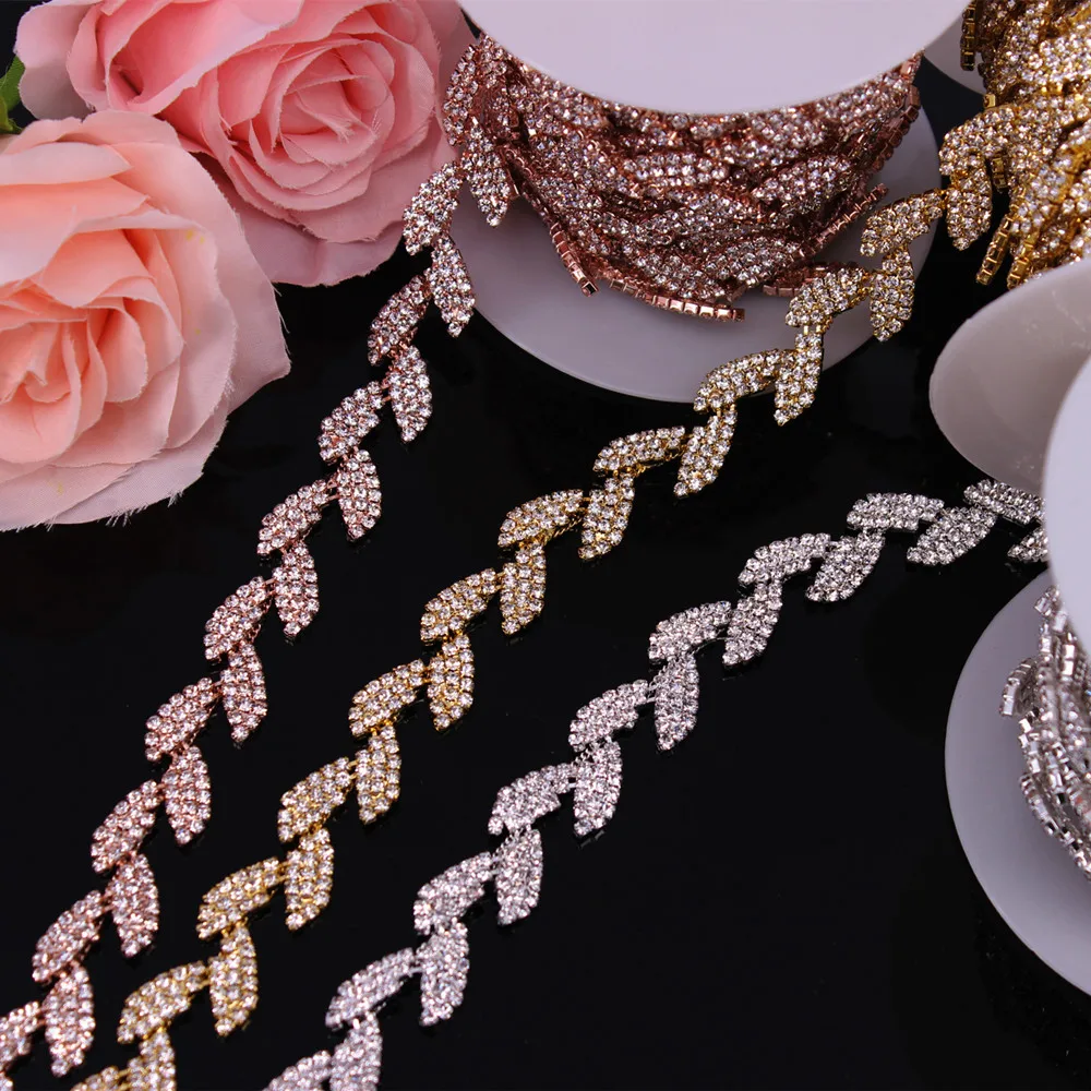 1Yard Fashion Rose Gold Crystal Wedding Dress Belt Bridal Cup Chain Trim Leaf shape Rhinestone Trim Sew on Garments DIY Dress