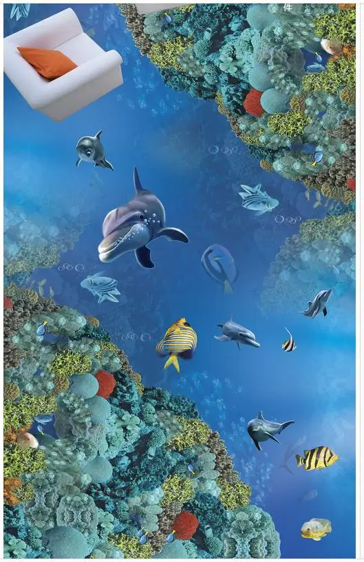 Modern Custom 3D Floor Mural Underwater World 3D Dolphin Floor Non-slip Waterproof Self-adhesive PVC Wallpaper