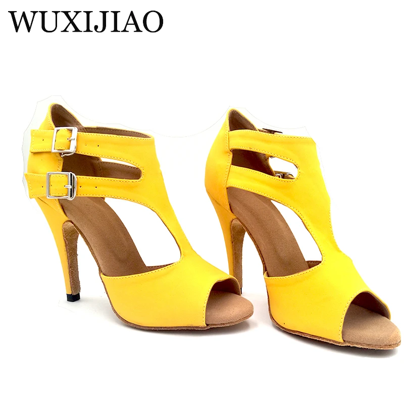 WUXIJIAO zapatos de baile latino de fondo suave de franela amarilla, tacones de 6cm-10cm para mujer, Tango, Samba, Salsa