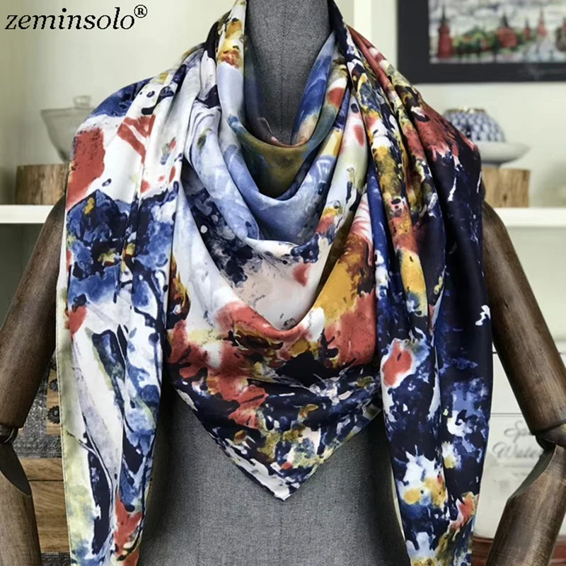 Foulard de marque de luxe en soie pour femmes, carré imprimé Floral, grande écharpe en sergé de soie, bandana, châles, printemps