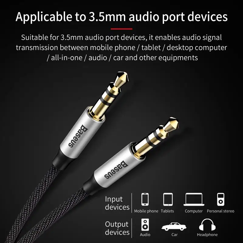 Baseus-kabel audio, jack 3,5mm męski-męski, AUX, do Samsunga S10, samochodowe słuchawki, głośnik, przewód, drut