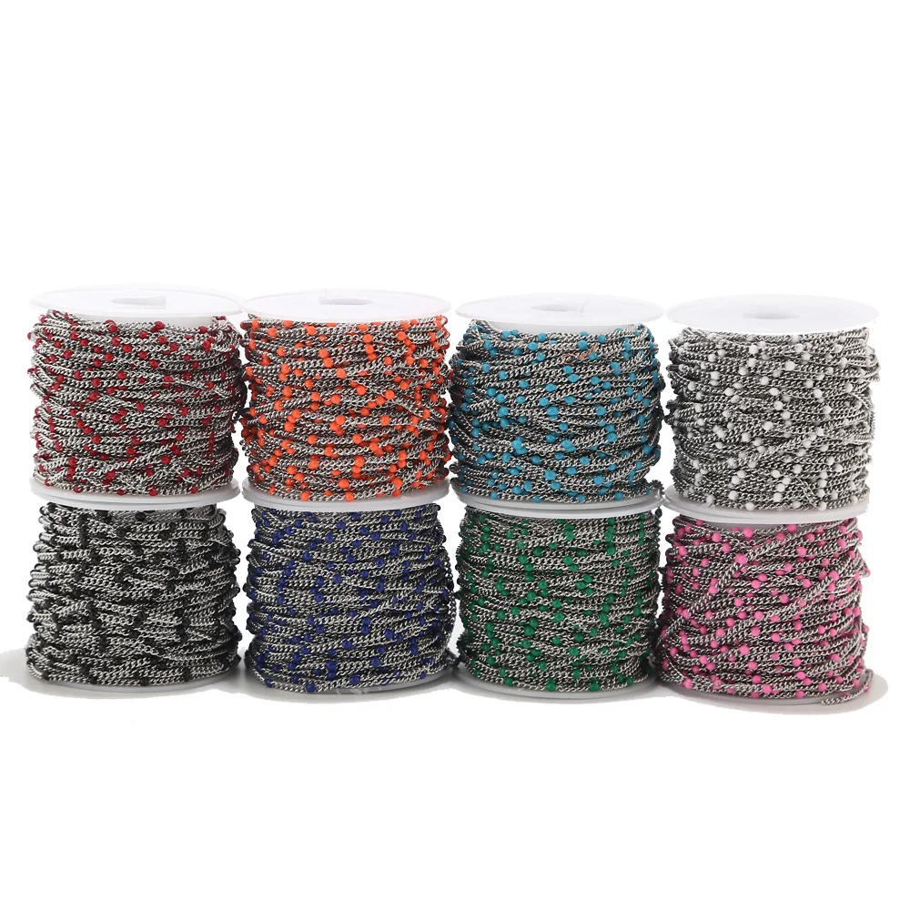 2 Meters 2mm Stainless Steel Enamel Blue/Red/Green/Black/Pink/Orange Satellite Chains Beaded Ball Curb Chain for Jewelry Making