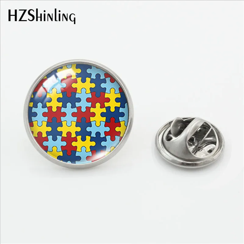 2019 New Autism Awareness Pin Stainless Steel Glass Cabochon Jewelry Unique Lapel Pin Handmade Round Pins