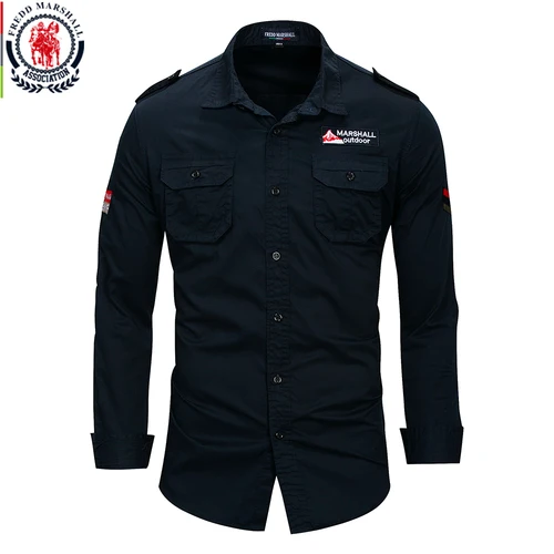 Imagen 2 del producto Fredd Marshall 2019 nueva camisa militar 100% algodón hombres manga larga casual vestido camisa masculina cargo trabajo camisas con bordado 115