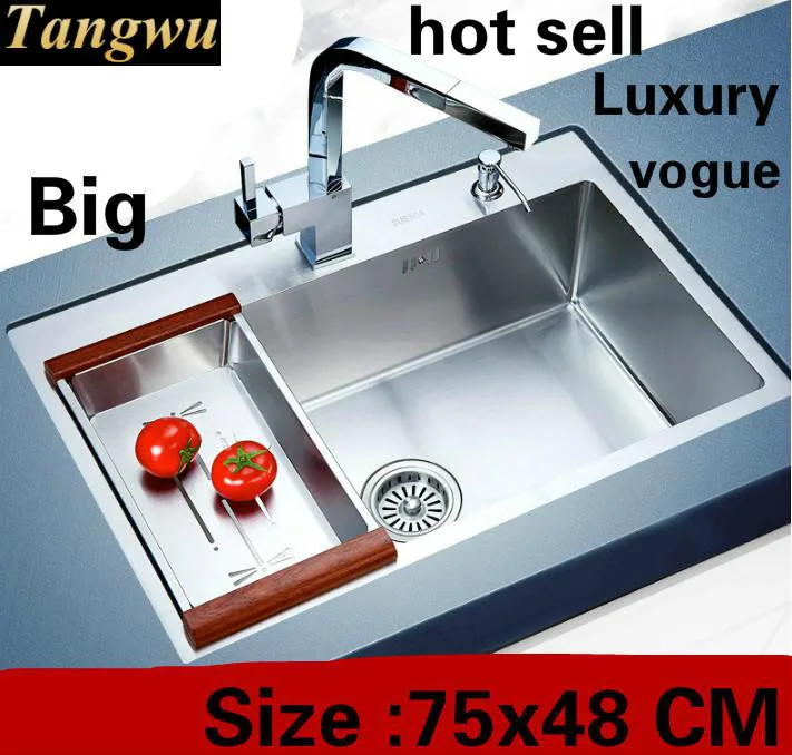 

Free shipping Apartment kitchen manual sink single trough vogue high quality food grade 304 stainless steel hot sell 75x48 CM