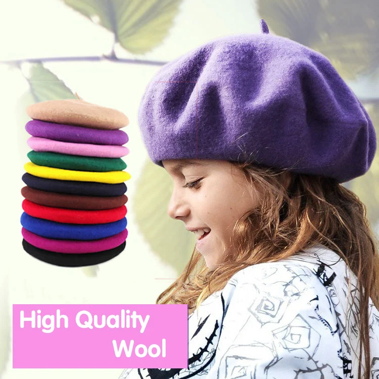 Kids High Quality Pure Wool Beret girl Fashion British Style Solid Color Winter Hats For boys Flat Cap Girl Felt Berets baby hat