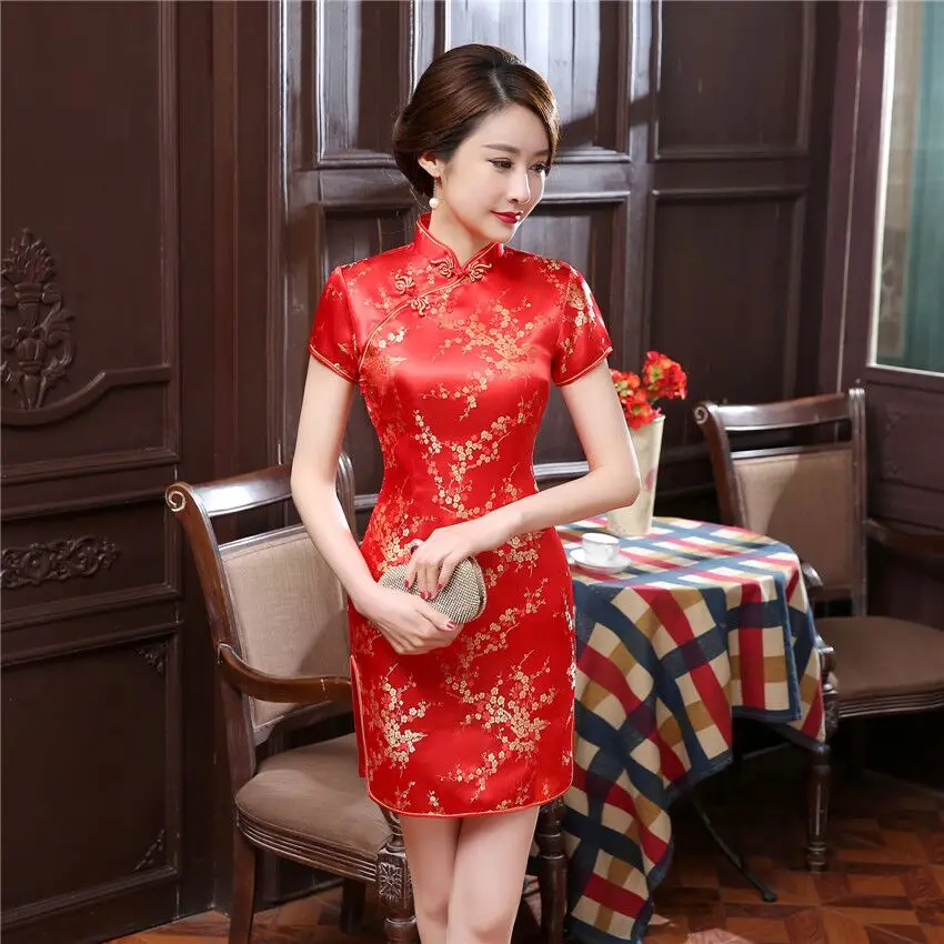 Mini Cheongsam New Arrival Vintage Chinese style Women\'s Satin Qipao Spring Sexy Party Dress Mujer Vestidos S-6XL