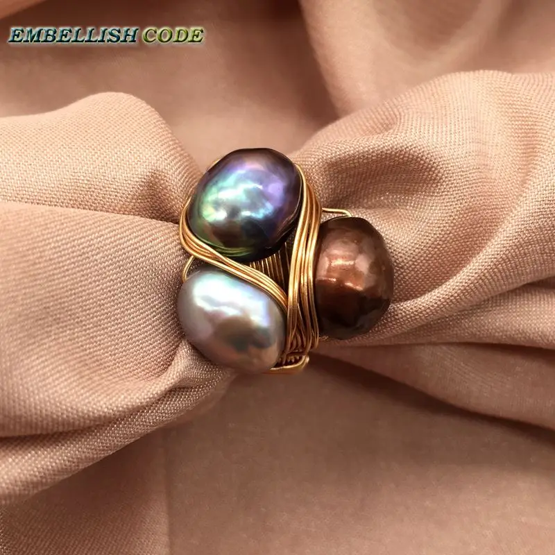 NEW Design original pieces gold with baroque ring pearls hand make rings peacock brown grey mixed color