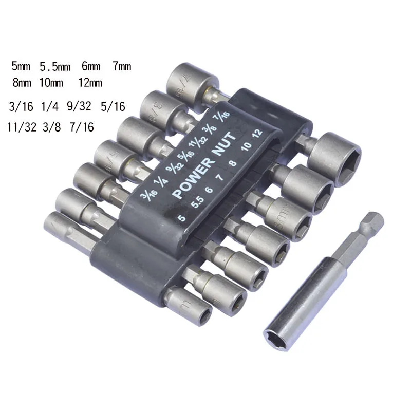 15Pcs Imperial Impact Hex Bit Socket Set Driver Adapter Socket Bit Set Drill Bits 1/4 Inch Hex Shank Tool Socket Nut Driver +bar