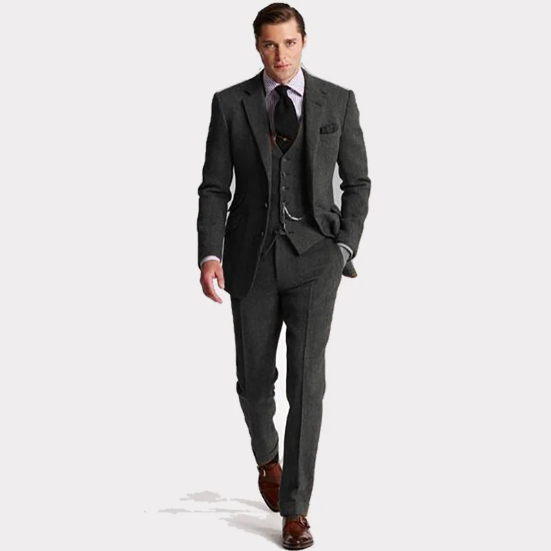 

Grey Smoking Tweed Men Suit Fashion 3 Pieces Groom Tuxedo Mens Suits Custom Made Slim Fit Groomsmen ( Jacket+Pants+Vest)