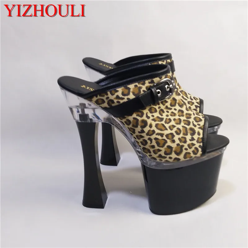 

Sexy women super leopard print seductive fashion open toe 18 cm high heel slippers 7 inches fashionable square root slippers