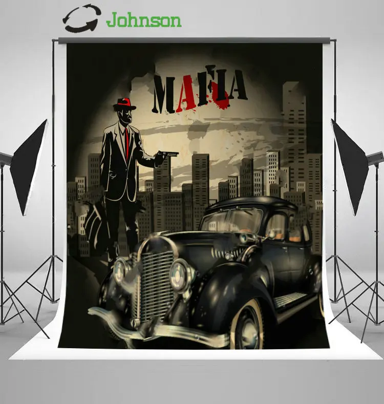 

Mafia Gangster Car Retro City Skyline background polyester or Vinyl cloth High quality Computer print wall backdrop