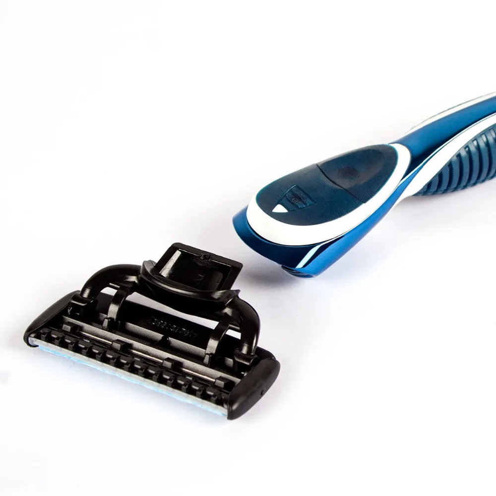 QShave Blue Men Shaving Razor Can Design Your Name on Handle, 1 Handle & 6 Cartridges(5pcs X3 Blade, 1pc X5 Blade, 1pc Handle)